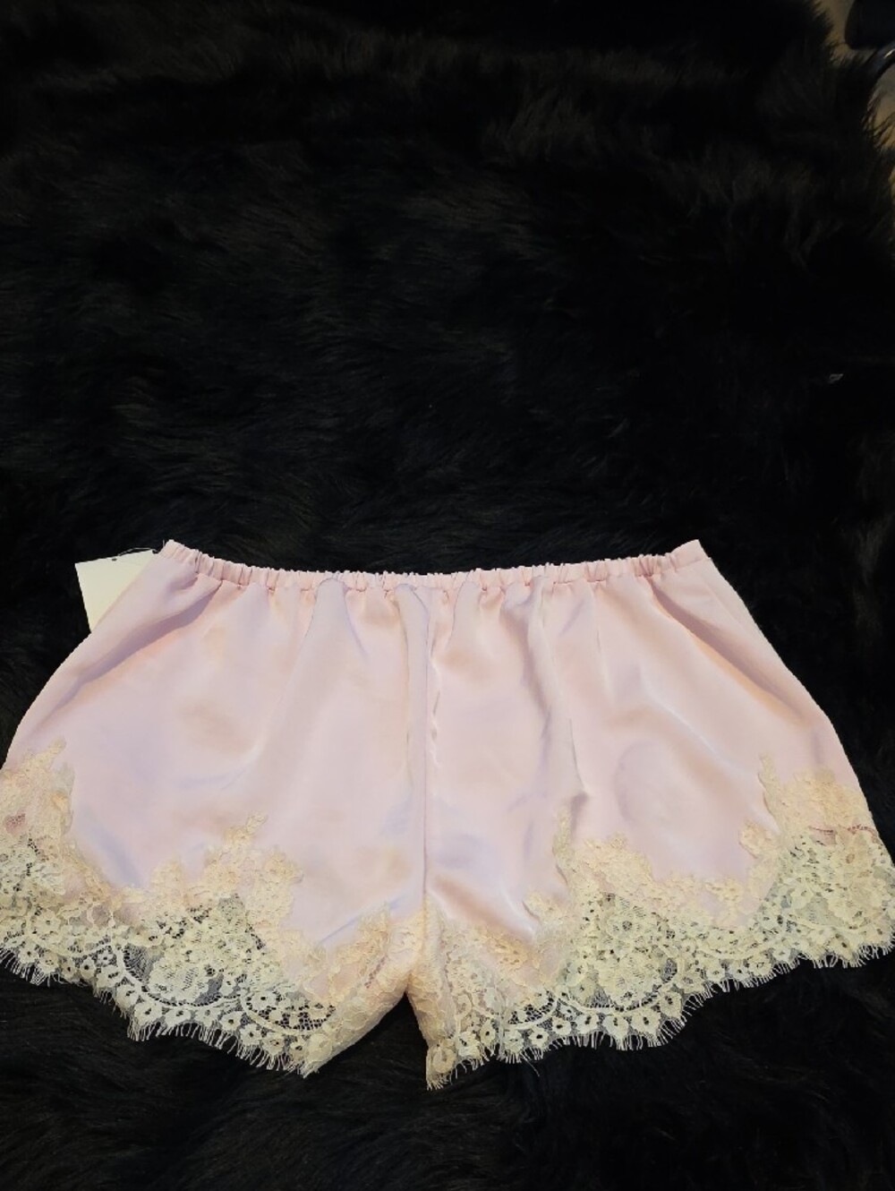 Women's Pink Satin Sleep Shorts with Cream Lace Trim - Picture 3 of 4